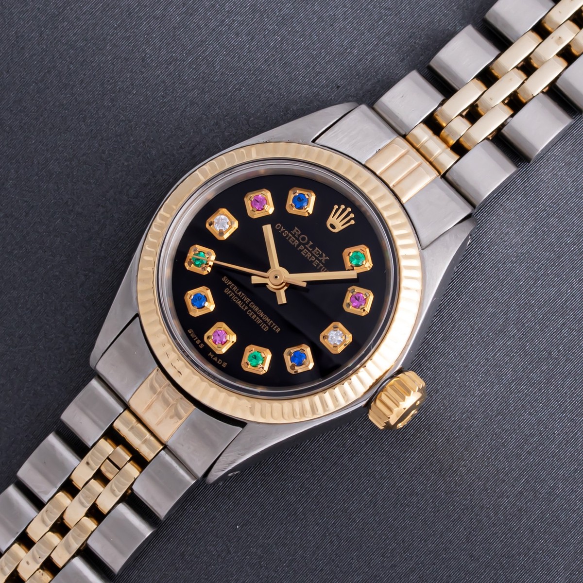 ROLEX LADIES STEEL AND GOLD DATEJUST - BLACK RAINBOW GEMSTONE DIAL
