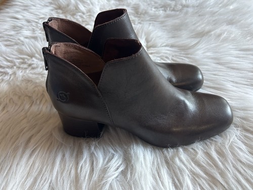 BORN Aneto Leather Ankle Booties Boots Notched Block Heel Comfort Chestnut 6.5