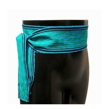 Blue  Green Ikat Fabric Sash, Vintage NOS Hand Woven Cotton Pirate Belt SA49