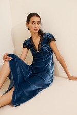 RIXO Ladies Clarice Dress Dusty Steel Blue Velvet Lace Rose BNWT Size UK 8 XS