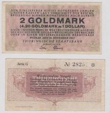 2 Goldmark Banknote Notgeld Th&uuml;ringisches Staatsbank Weimar 20.11.1923 (175460)