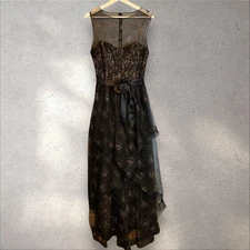 Teri Jon Evening Gown Black Nude Lace Beaded Ruffle Maxi Dress Corset Size 10