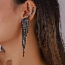 Rhinestone Tassel Earrings - Stud & Dangle Earrings with Chain Cuff for Women &