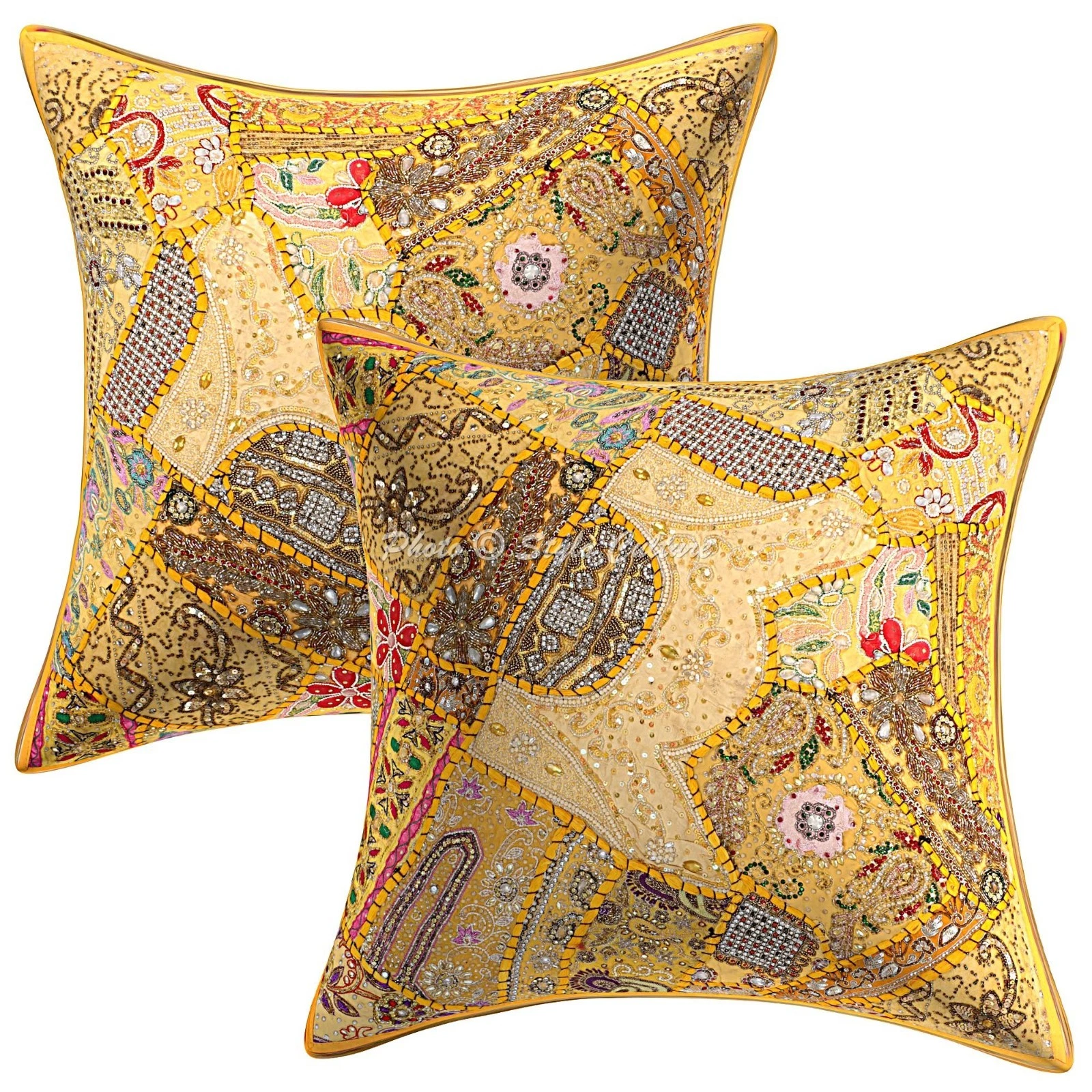 Indian Beaded Patchwork Throw Pillow Covers Cotton Floral 60x60 cm Cushion Cover