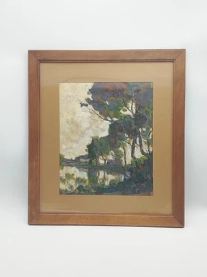 Tableau Huile Signé Eugène Brouillard Paysage Bord D'étang Arbres - Photo 1/4