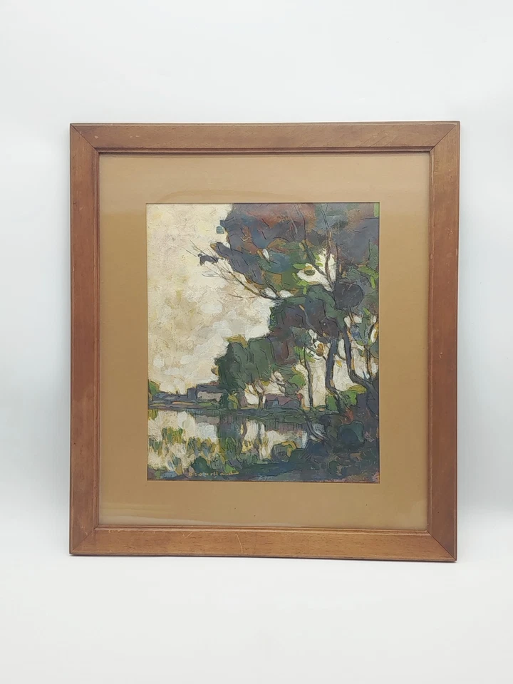 Tableau Huile Signé Eugène Brouillard Paysage Bord D'étang Arbres - Photo 1/4