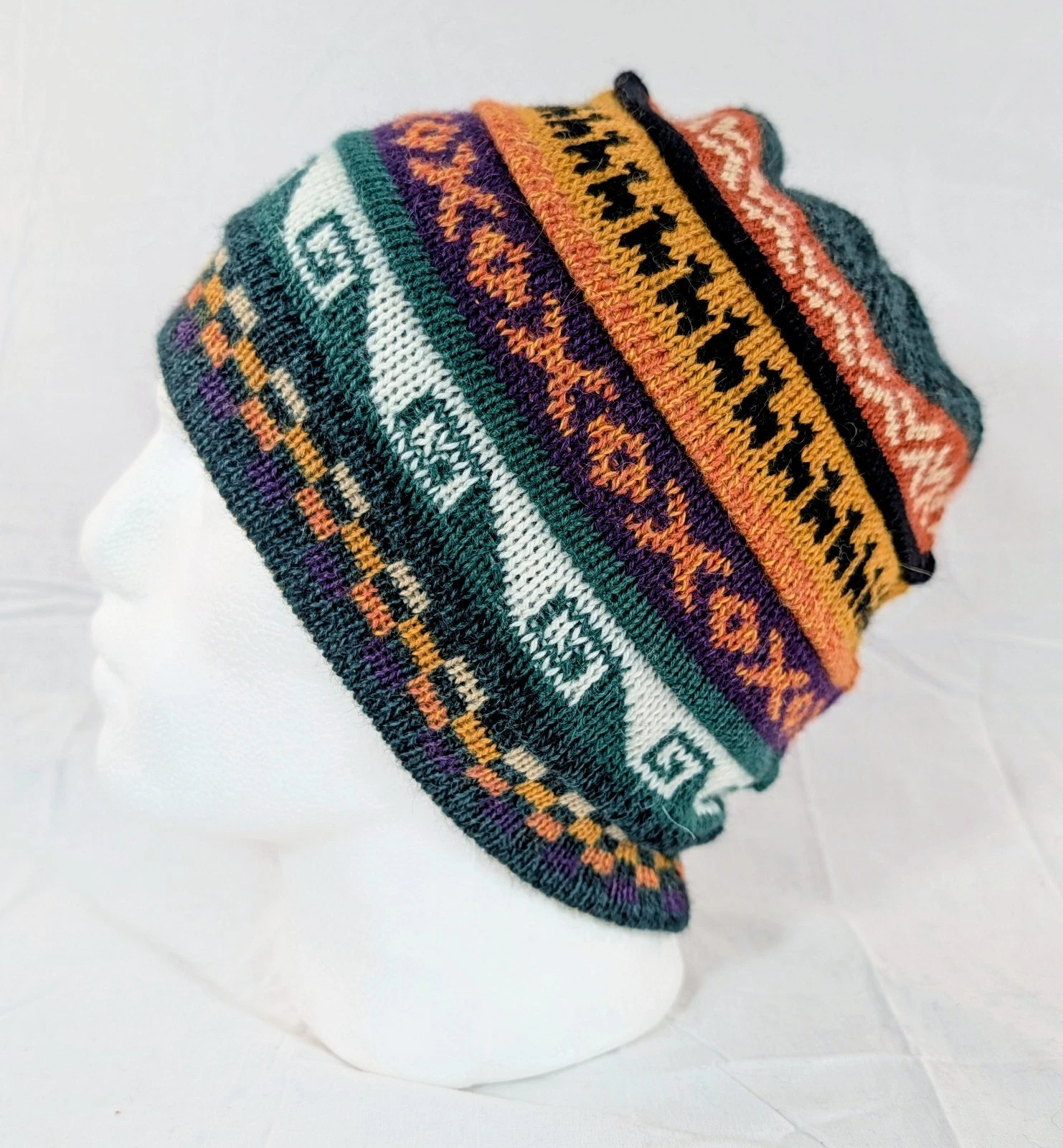 Soft Baby Alpaca Beanie Reversible Green Unisex Colorful Boho Llama Peru