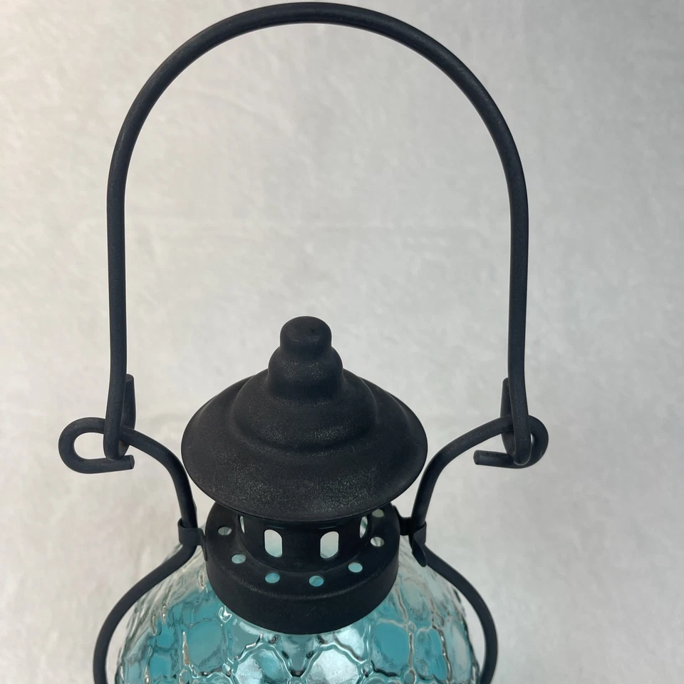 "Linterna de metal de vidrio azul ombre verde azulado candelabro boho marroquí de colección 8,75""" Foto 3 de 4
