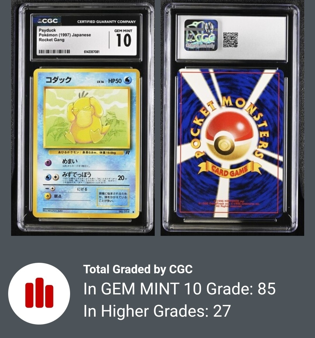 CGC 10 Psyduck 054 Rocket Gang 1997 Pokemon