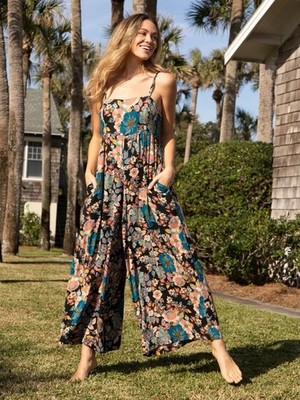 Natural Life Medium Bailey Floral Wide Leg Jersey Jumpsuit Cropped Pink Petunia