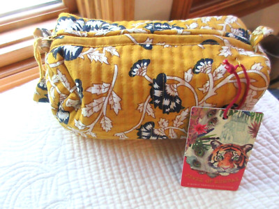 JEWEL OF MUMBAI QUILTED TOILETRY COSMETIC BAG CURRY FLORAL COTTON ARTISAN INDIA