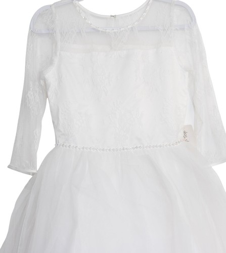 Girls White Lace & Tulle Long Sleeve Dress W/ Pearl Accents & Satin Bow Size 16 - Picture 3 of 8