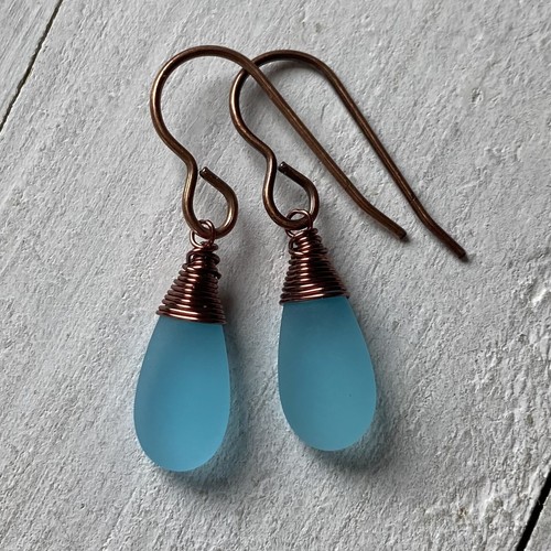 Min Favorit Pazifikblau Meer Glas Träne & Kupfer Handwerk Wickel Ohrringe - Bild 3 von 5