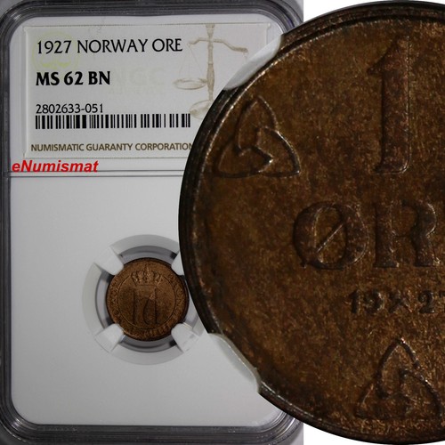 Norway Haakon VII Bronze 1927 1 Ore NGC MS62 BN SCARCE DATE KM# 367 (051) - Picture 1 of 3