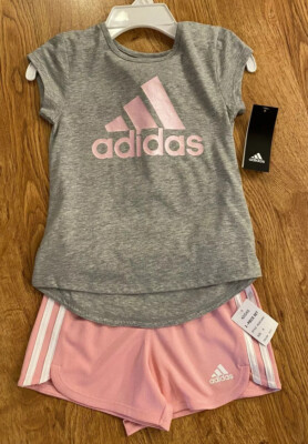 Adidas Graphic T-Shirt Shorts 2-Piece Set, Size NWT Gray/Pink