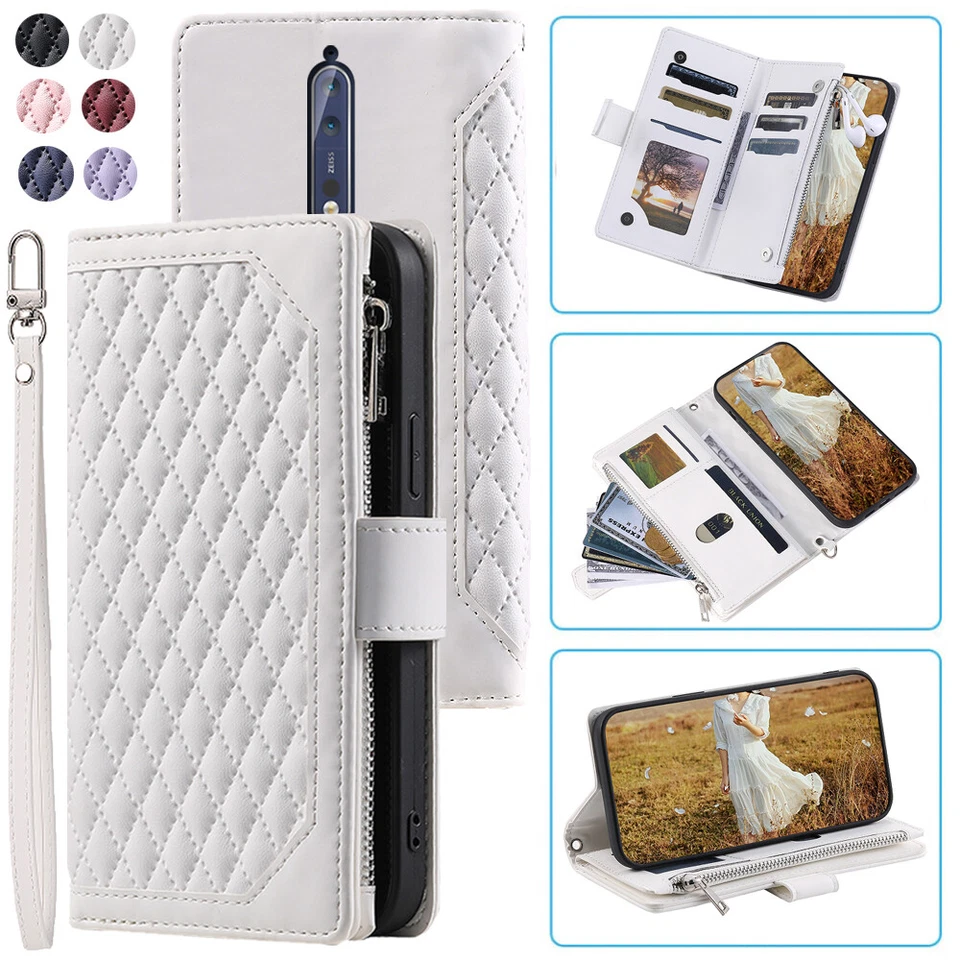 Lujoso Estuche tipo billetera de cuero romboidal con cremallera Estuche para teléfono con tarjeta abatible para Nokia 8 Foto 4 de 4