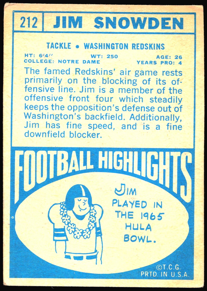 1968 Topps Rookie #212 Jim Snowden Washington Redskins RC