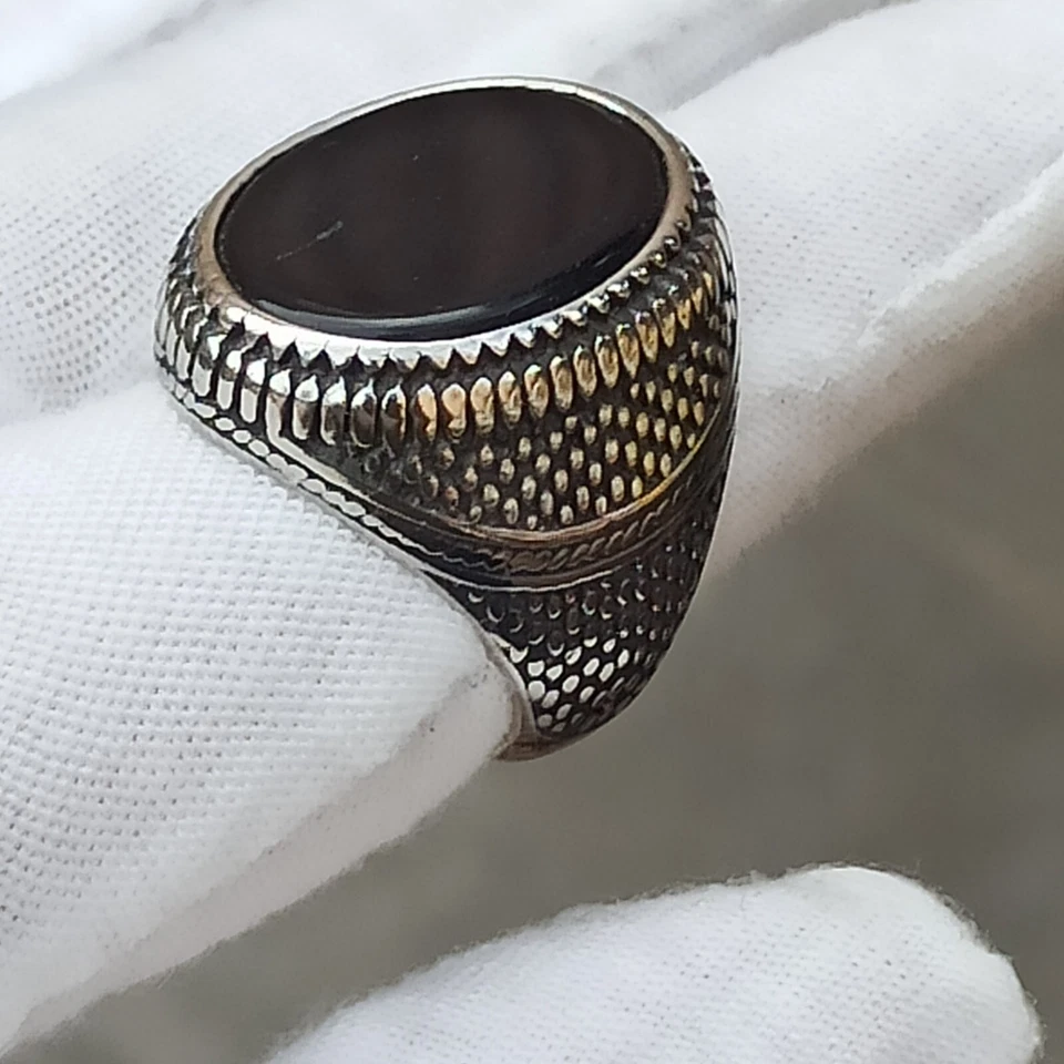 Anillo Hombre Ónix Negro Macizo Tono Plata Vintage Regalo Retro Oxidado Ovalado 9.5 Foto 2 de 4