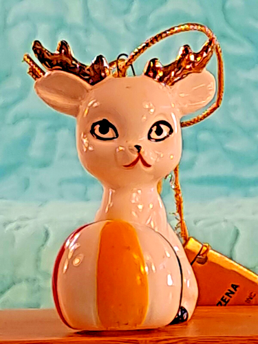 3 Vintage Ceramic Christmas Reindeer 2 Miniature Figurines 1 Christmas Ornament - Picture 3 of 12