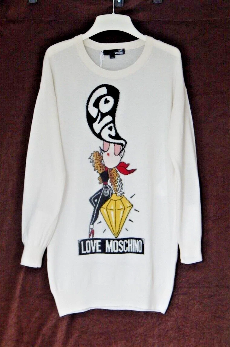 Love Moschino Pullover Maglione Vestito Bambina su Diamante Made in ITALY Avorio Nuovo con etichette
