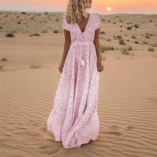Summer Women's Beach Holiday V Neck Long Maxi Dress Ladies Boho Holiday Sundress - Picture 20 of 24