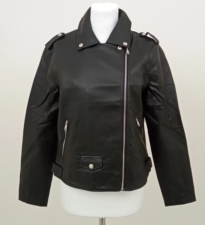 FOLLOW ME Gemo Women''s Biker Jacket Black Faux Smooth Leather Zip Pockets New F1