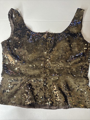 Top Oleg Cassini Corbata Negra Vintage Lentejuelas Talla 6 Marrón Bronce Corto 100% Seda - Imagen 3 de 7