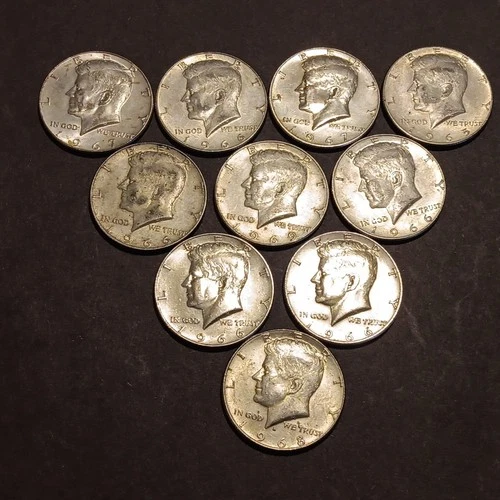 Lot of Ten 1965-69 Kennedy Half Dollars, 40% Silver $5 Face Value