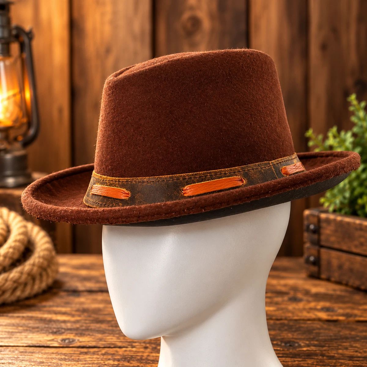 Sombrero Fedora de Cuero Marrón Unisex Vaquero Occidental Steampunk Vintage Disfraz Sombrero