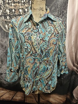 NICOLA, WOMEN'S TEAL/RUST POLY 3/4 RUFFLED SLEEVED SHEER PAISLEY BLOUSE, SIZE S