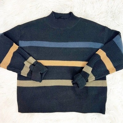 I JOAH BLACK BROWN BLUE STRIPE MOCK NECK PULLOVER SWEATER SZ LARGE NWOT