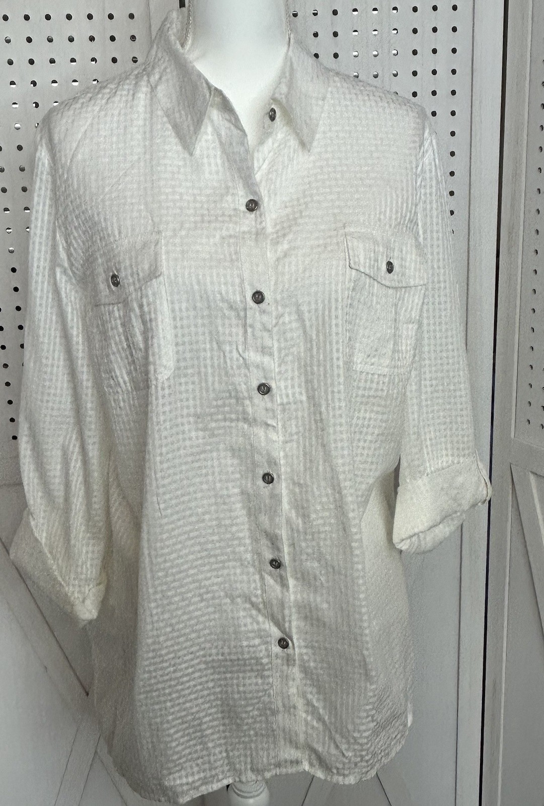 NWT Chico’s Emaline Novelty Plaid Button Down White Shirt Size 3 ( Xl)