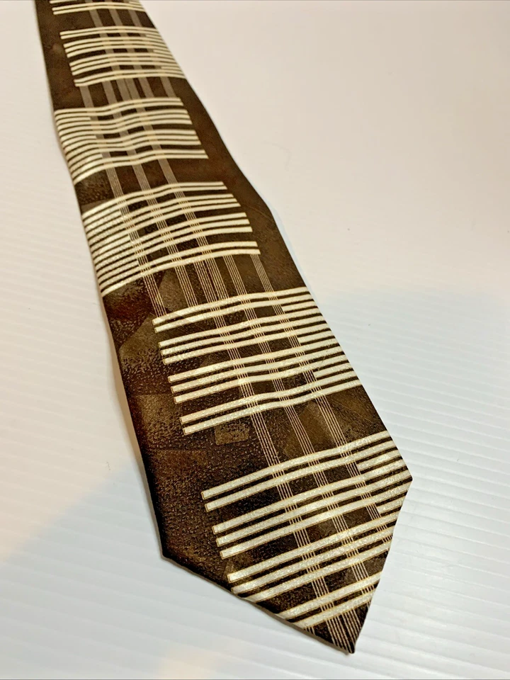 "Corbata de cuello Fratello vintage marrón y crema para hombre de 4"" de ancho hecha a mano elegante" Foto 2 de 4