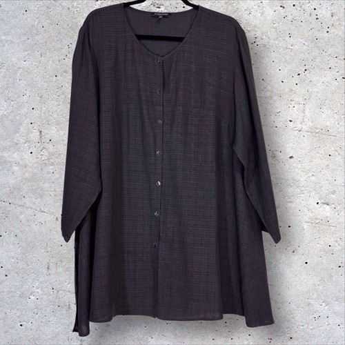 Eileen Fisher Woman Linen Blend Tunic Top 1X Graphite Gray Black Basket Weave