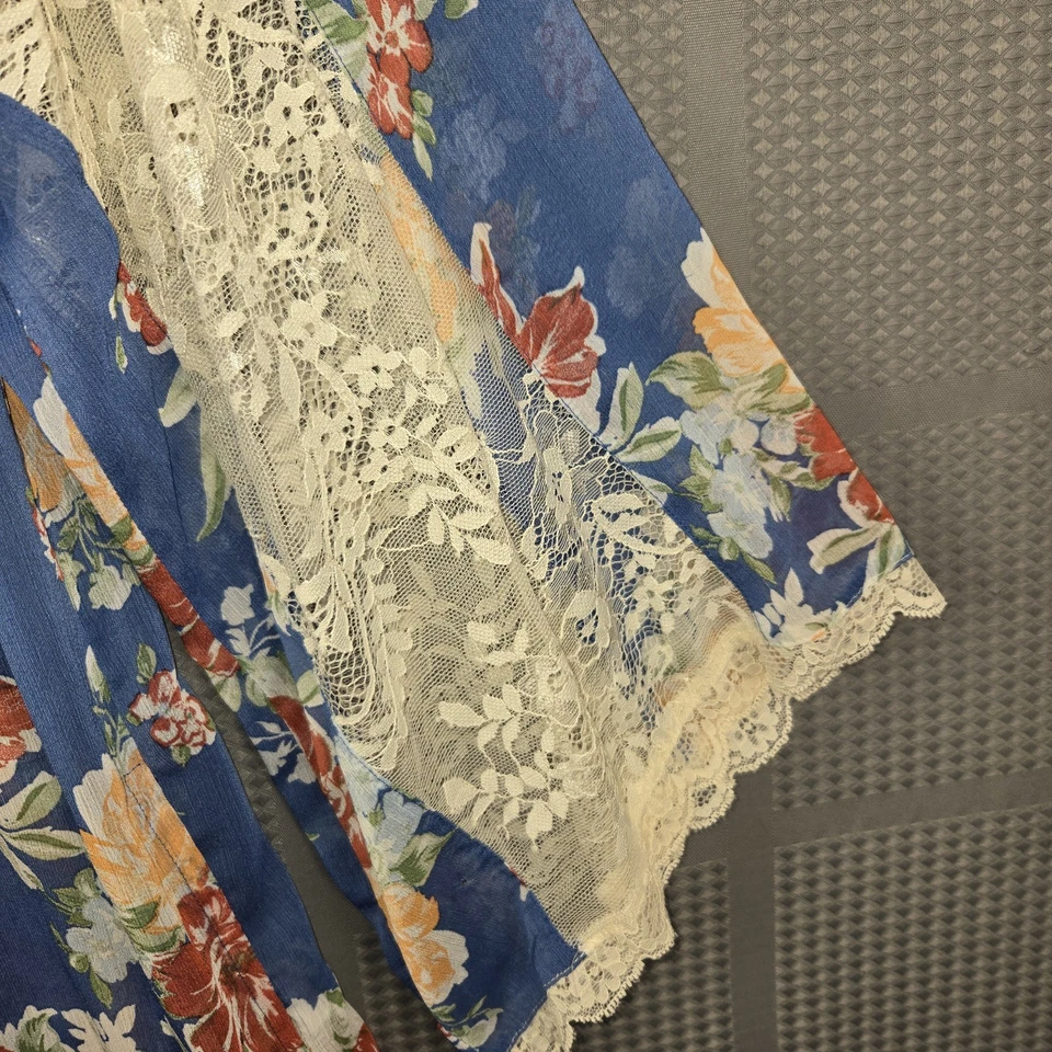 Top kimono bata de encaje azul transparente floral frente abierto Laurie con bolsillos talla S Foto 4 de 4