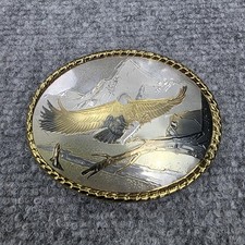 Bald Eagle Mountain Scene Belt Buckle Made in USA Western Gold Trim Wildlife VTG