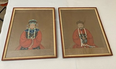 Fine Chinese Ancestral Painting On Silk In MCM Wood Frame 16x13  Each Vintage