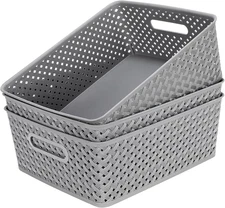 3Pack Plastic Storage Bins Woven Baskets with Handles Grey Organizer