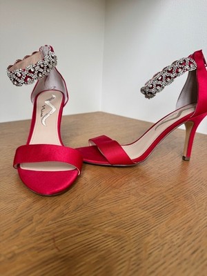 Nina Red Satin Rhinestone Ankle Strap Heels Size 8 Formal Evening Shoes
