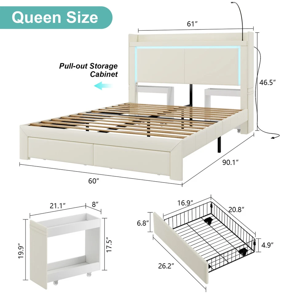 Armação de cama queen size com cabeceira, queen size com estação de carregamento e 2 gavetas - Imagem 3 de 4