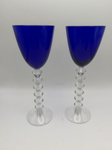 Rare Baccarat Vega Fortissimo Cobalt Blue Crystal Wine Glasses Set 2 Signed