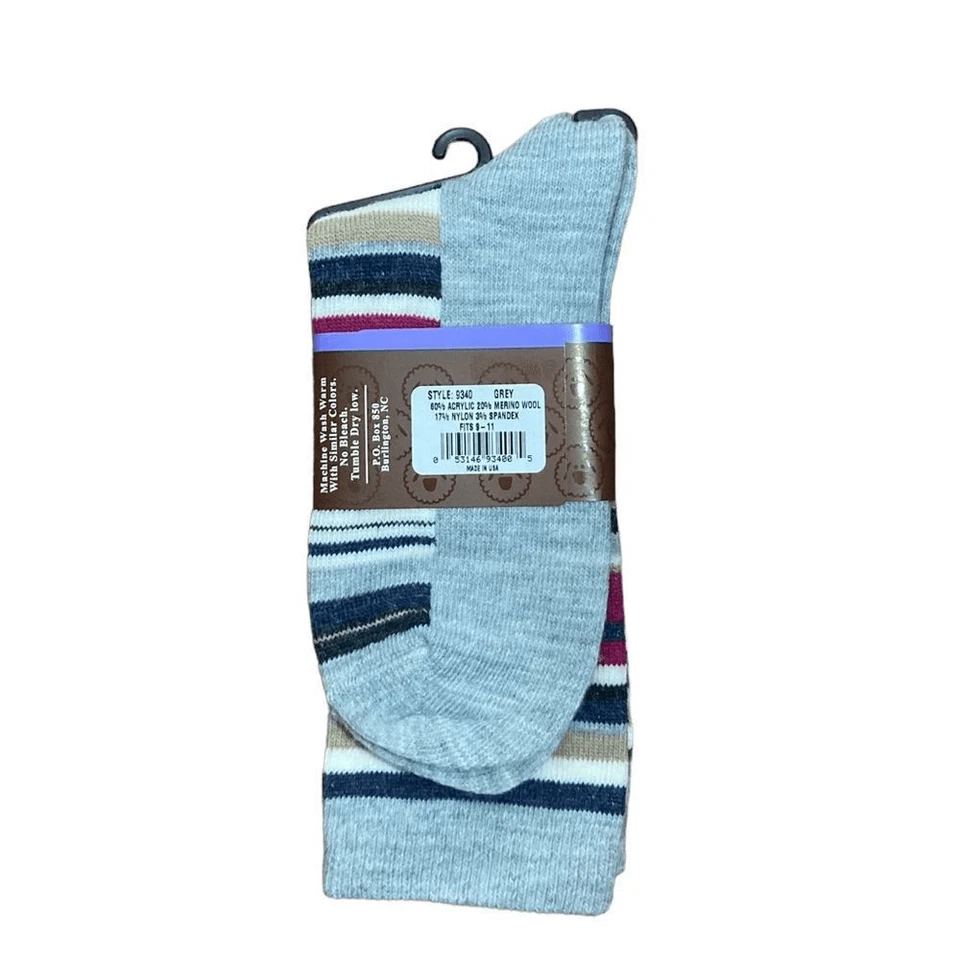 Wise Blend 美利奴羊毛灰色条纹袜,全新带标签 — 第 2/4 张图片