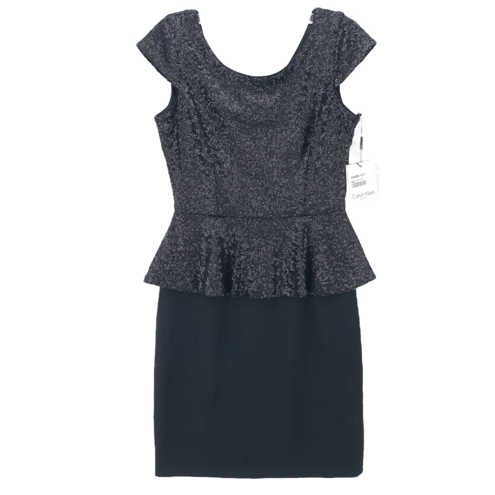 NWT Calvin Klein Sequin Peplum Evening Sheath Dress Knee Length Black Size 4 thumbnail 2