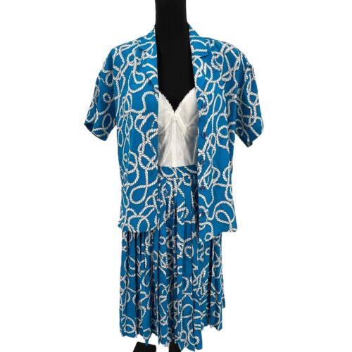 Vintage Y2K Diane Von Furstenberg Silk Pleated Rope Print Skirt Nautical Medium - Picture 2 of 5