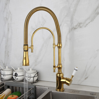 WOWOW Single Handle Pull Down Sprayer Kitchen Faucet In Black And Gold With Deck Plate - View #4