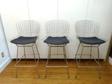 Vintage Mid Century Modern 1970s Knoll Harry Bertoia Chrome Wire Bar Stools Set