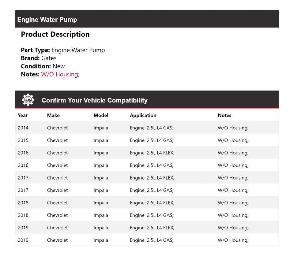 For 2014-2019 Chevrolet Impala Engine Water Pump Gates 2015 2016 2017 2018 - Image 2 of 4