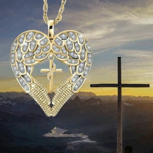 Authentic CRYSTAL PRAY ANGEL WING CROSS PROTECT charm GOLD plated 18K necklace 20" female 