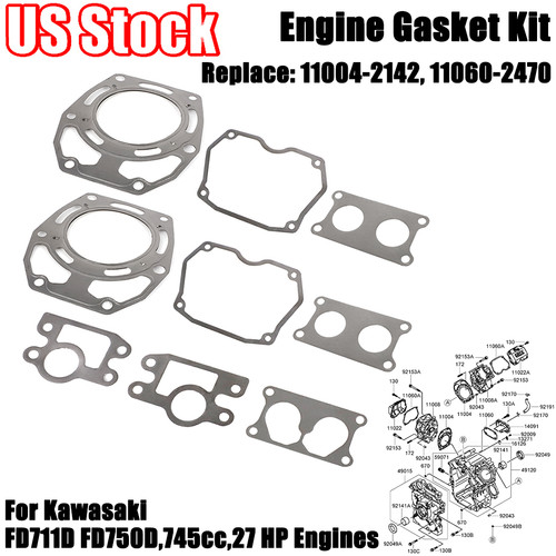 Für Kawasaki FD711D FD750D, Dichtungssatz 745cc, 27 PS Motoren 11004-2142, 11060-2470 - Bild 1 von 11