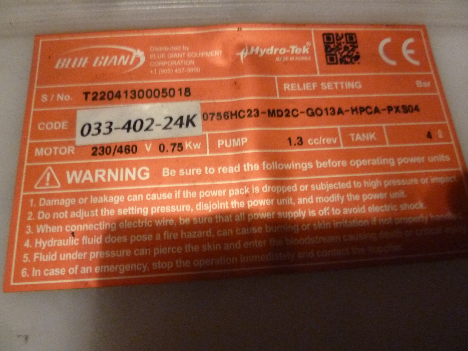 Blue Giant Hydraulic Powerpack 495517.1  Hydro-tek power unit